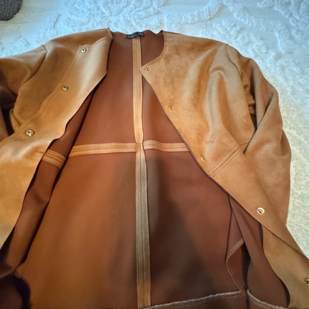 Zara Ladies Coat Faux Suede Sheepskin Shearling  Fur Lightweight Tan Cream  S - Picture 8 of 16